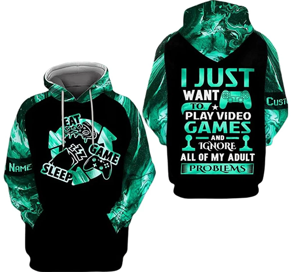 Personalized Name Gamer Eat Sleep Game I Just Want To Play Video Games - 3D Printed Pullover Hoodie