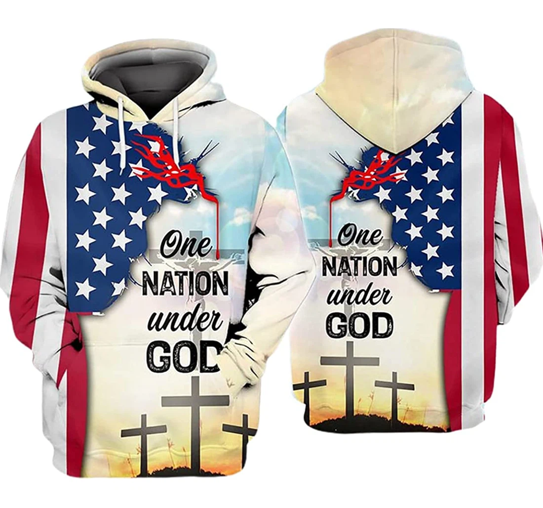 Personalized Name The Cross America Flag One Nation Under God - 3D Printed Pullover Hoodie