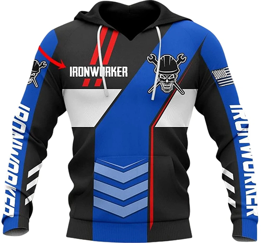 Personalized Name Iron Worker Skull Death Head Blue - 3D Printed Pullover Hoodie