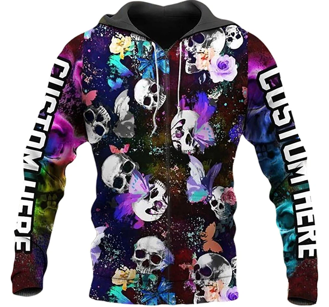 Personalized Name Skull Colorful Butterflies - 3D Printed Pullover Hoodie