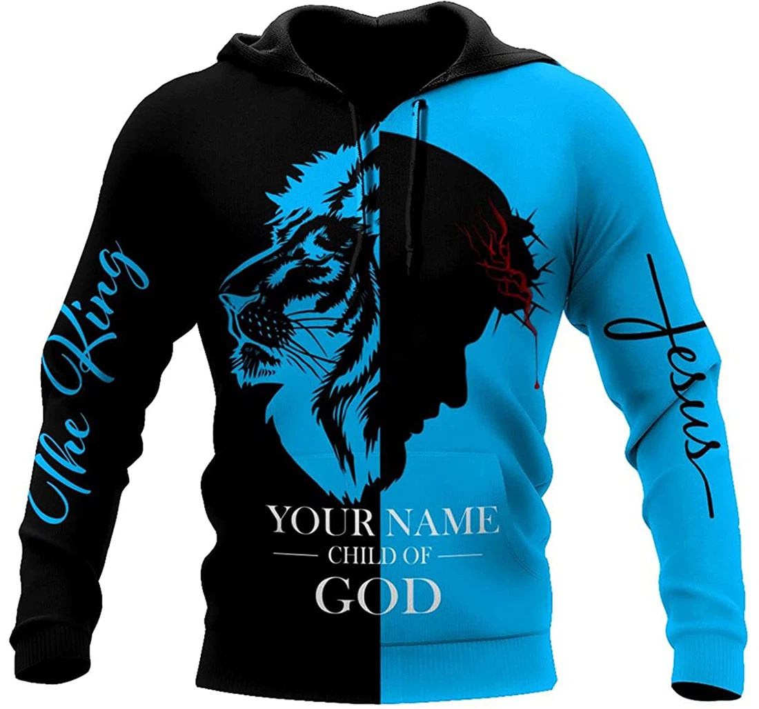 Personalized Name Jesus And Lion The King And The Child Of God In And Blue - 3D Printed Pullover Hoodie