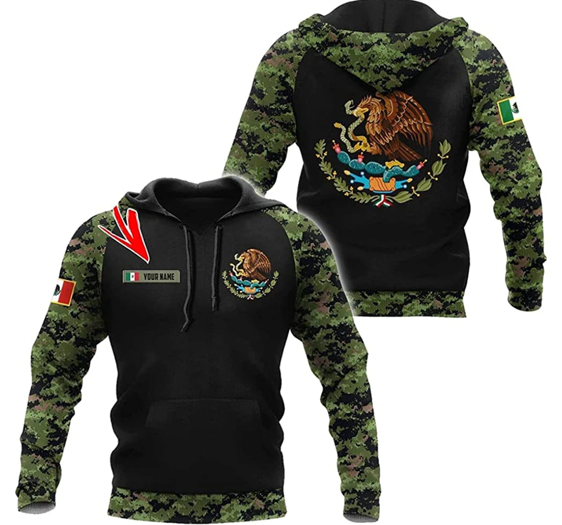 Personalized Name Mexico Flag And Symbol Mexico Coat Of Arms Camo - 3D Printed Pullover Hoodie