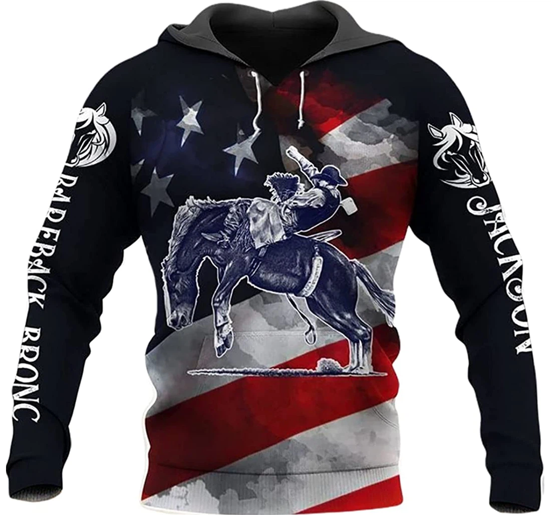 Personalized Name Saddle Bronc Usa Flag Background - 3D Printed Pullover Hoodie