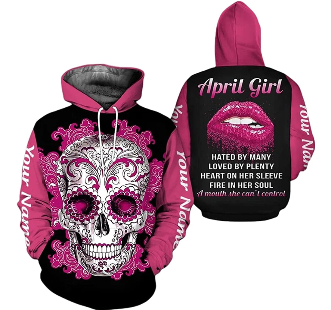 Personalized Name Pink Pattern Skull April Girl Hated My Many Loved By Plenty Heart On Her Sleeve - 3D Printed Pullover Hoodie