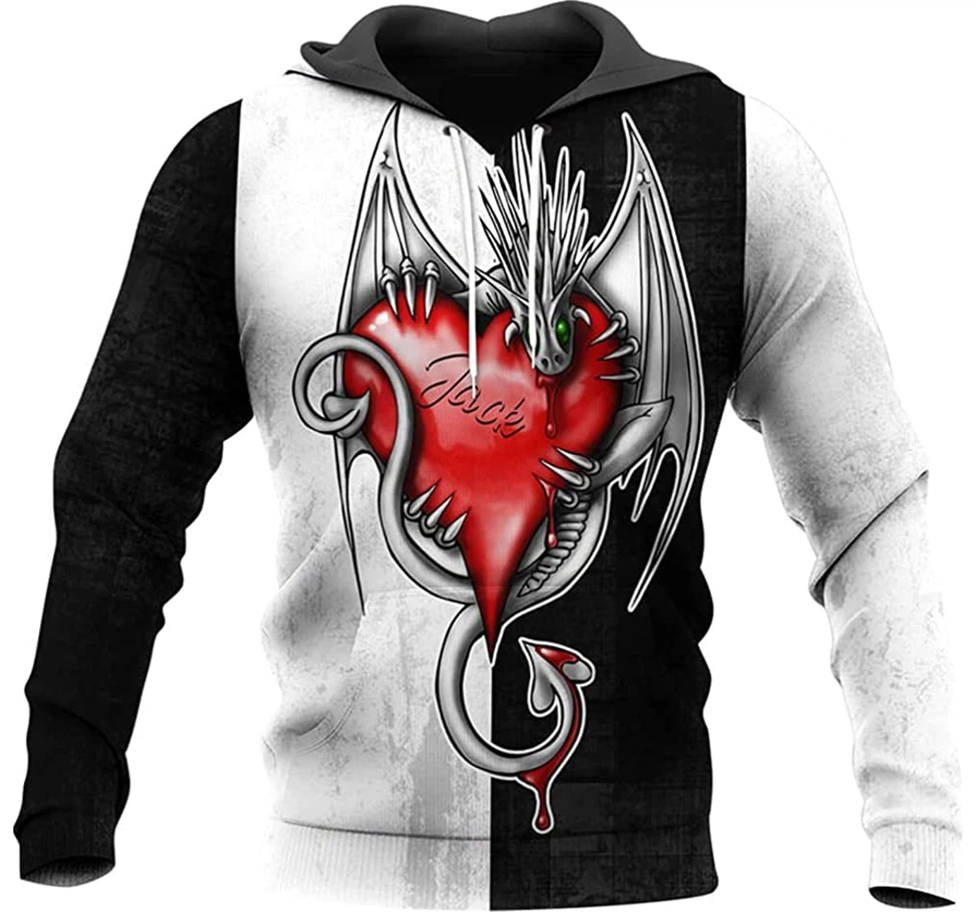 Personalized Name Love Dragon Hug Heart Pattern And White Background - 3D Printed Pullover Hoodie