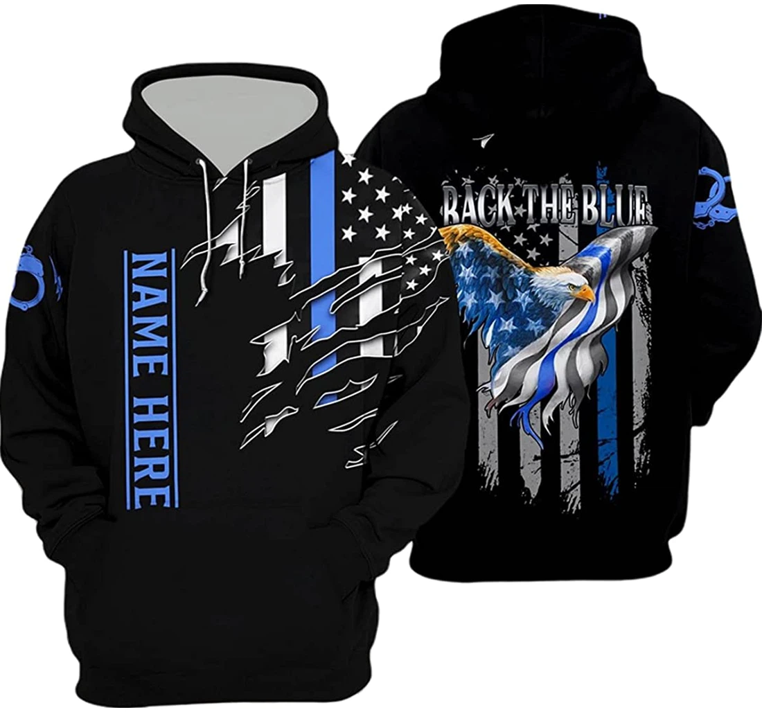 Personalized Name Us Police Eagle Back The Blue - 3D Printed Pullover Hoodie