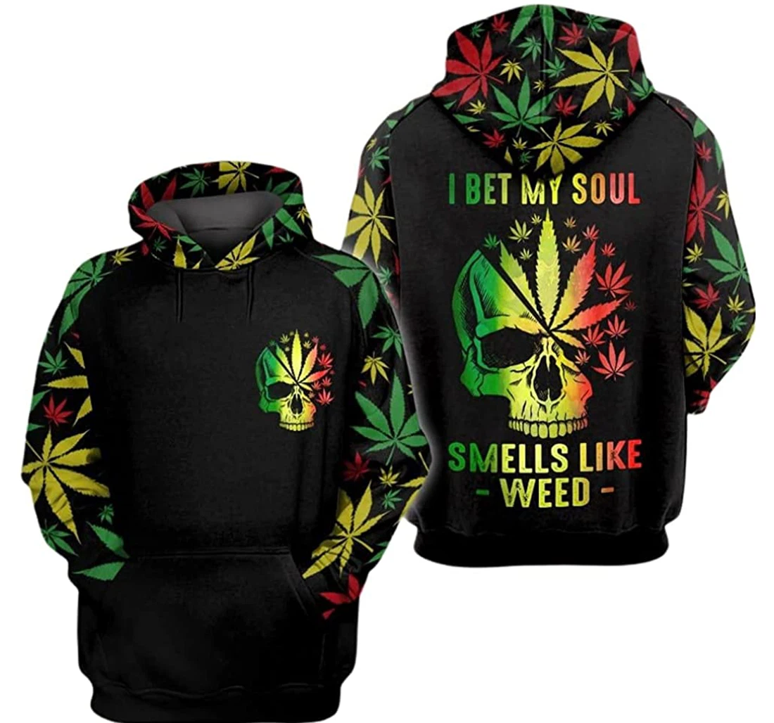 Personalized Name Love Canabis Colorful Weed And Skull I Bet My Soul Smells Like Weed - 3D Printed Pullover Hoodie