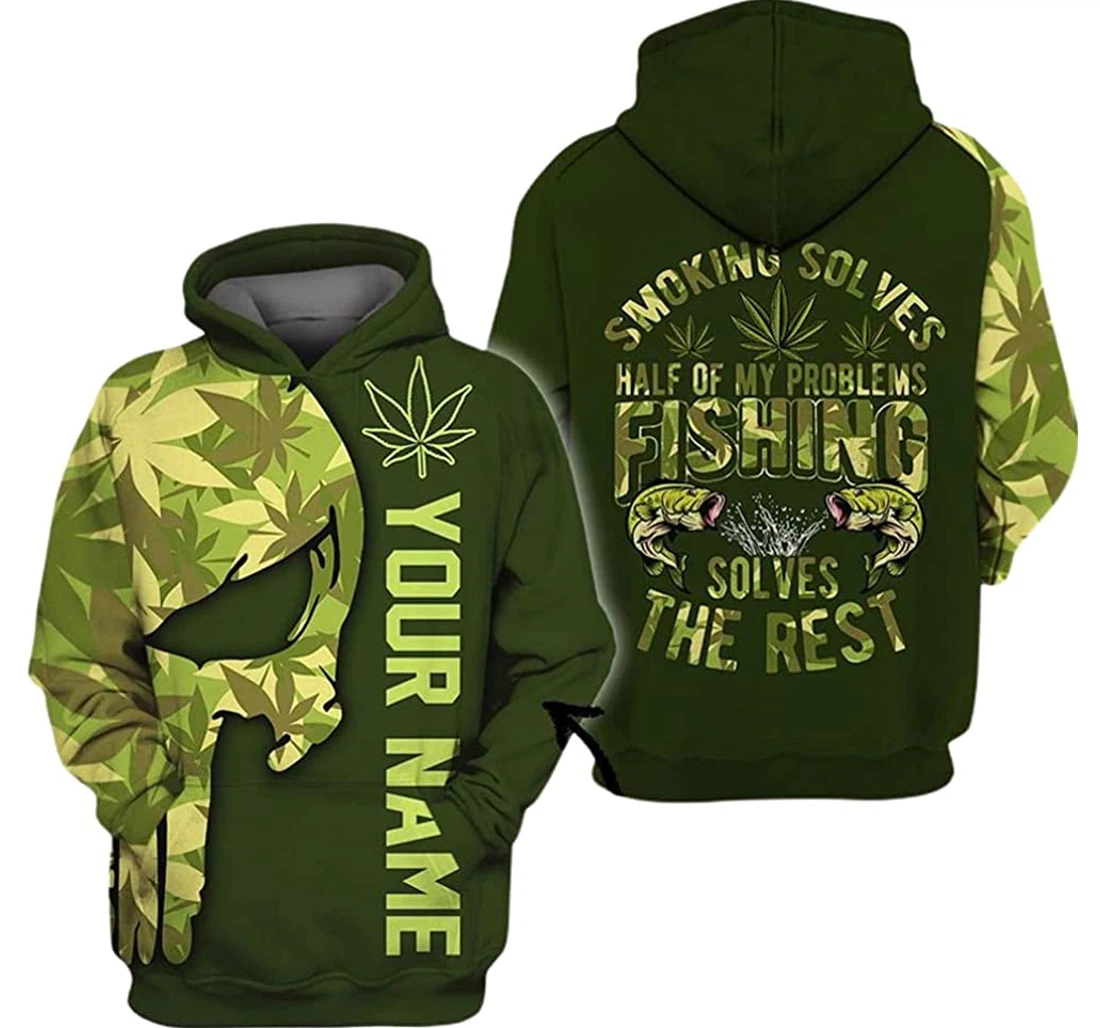 Personalized Name Skull Weed Smoking Solves Half Of My Problems Fishing - 3D Printed Pullover Hoodie