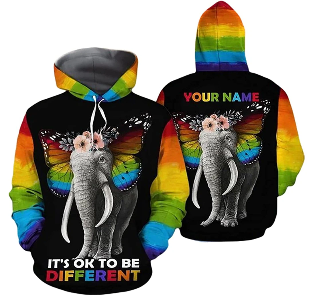 Personalized Name Elephant It's Ok To Be Different Lgbt Pride - 3D Printed Pullover Hoodie