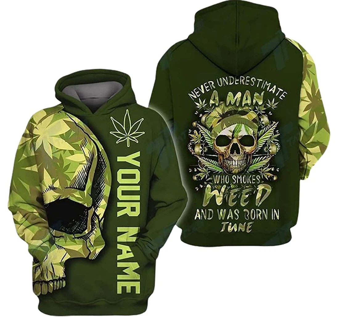 Personalized Name Skull Never Underestimate A Man Who Smokes Weed - 3D Printed Pullover Hoodie