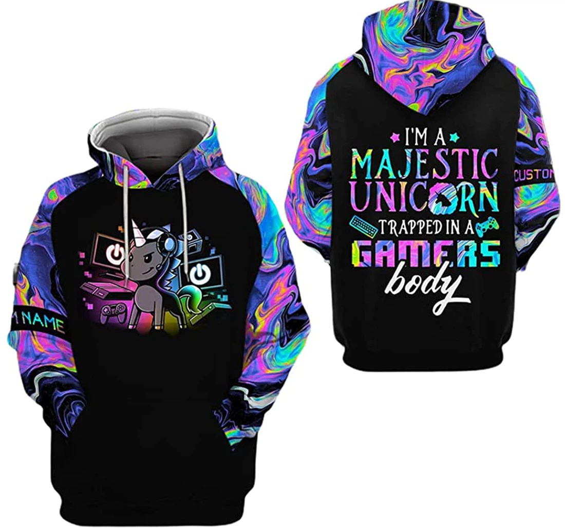 Personalized Name Gamer Unicorn I'm A Majestic Unicorn Trapped In A Gamers Body - 3D Printed Pullover Hoodie