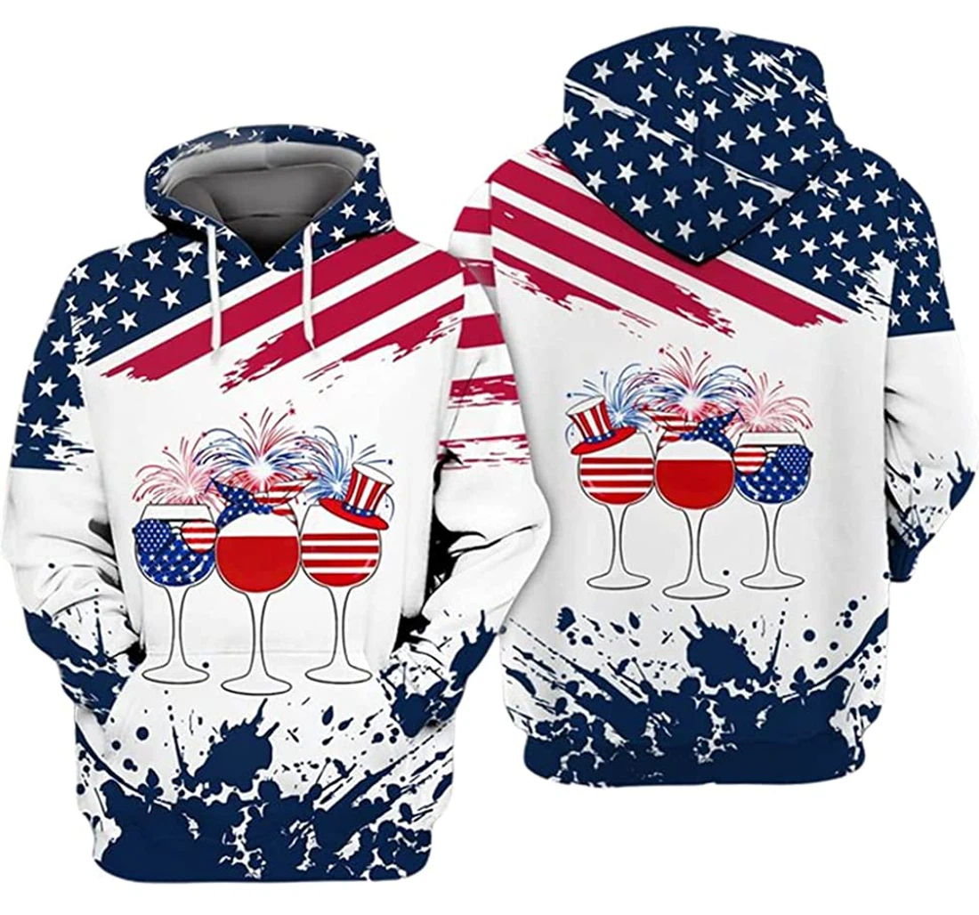 Wine Us Flag And Finework Independence Day - 3D Printed Pullover Hoodie