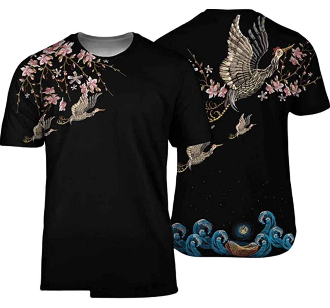 Japanese Sakura Kanagawa Crane Background - 3D Printed T-shirt