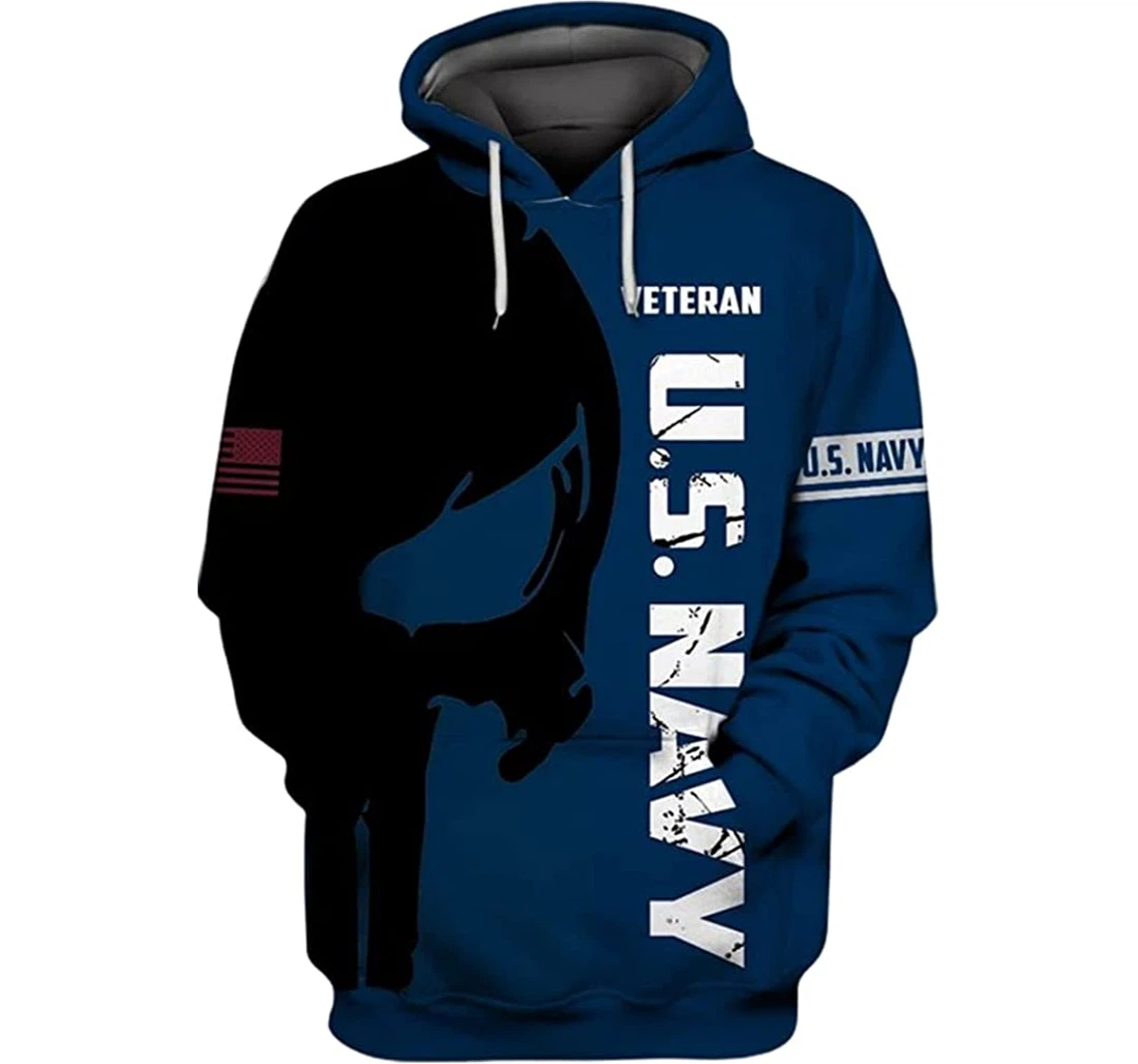 Us Navy Veteran Flag Skull Blue Background - 3D Printed Pullover Hoodie