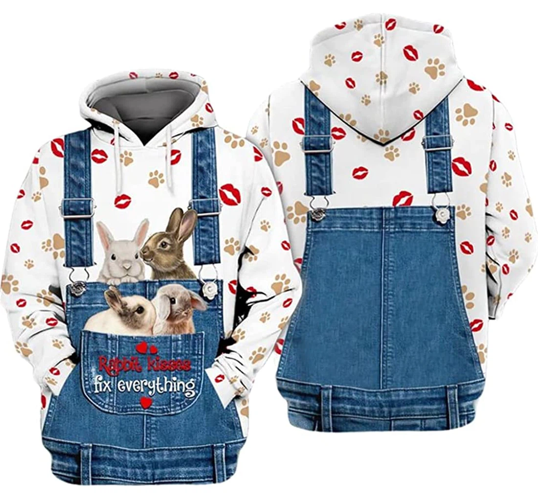 Rabbit Kisses Fix Everything Paw And Lips Overalls Style - 3D Printed Pullover Hoodie