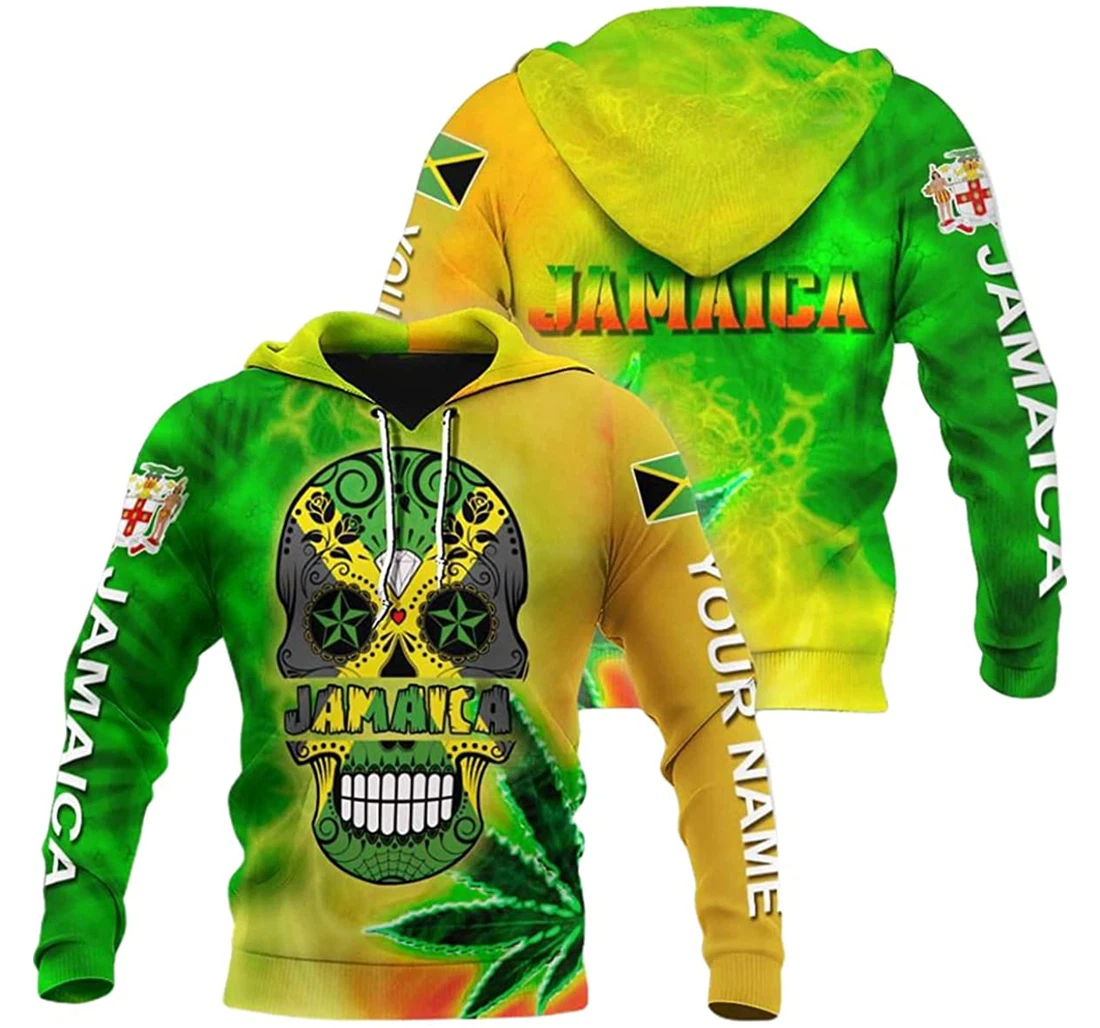 Personalized Name Jamaica Skull Marijuana Kelly Green Mix Orange - 3D Printed Pullover Hoodie