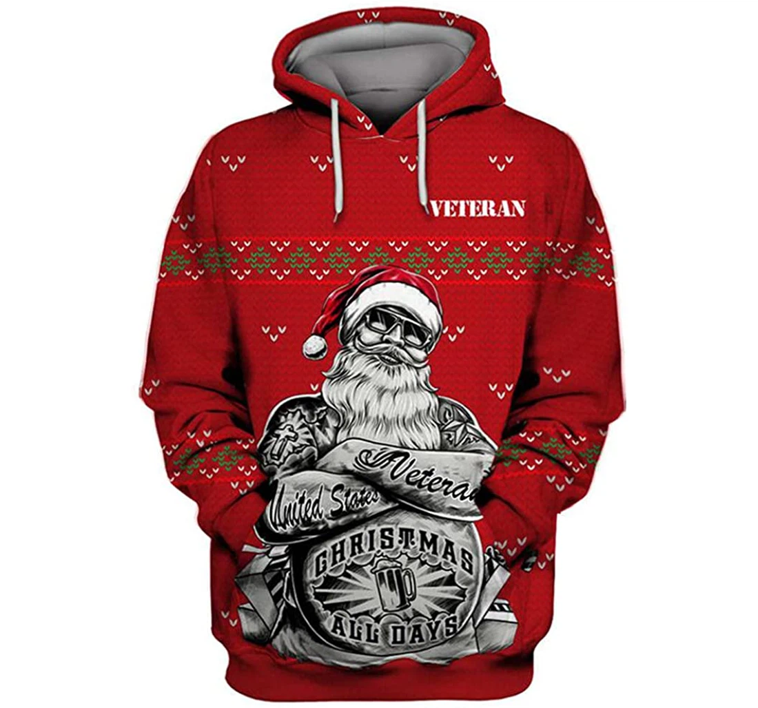 Us Veteran Santa Claus Christmas All Day Style Red Background - 3D Printed Pullover Hoodie