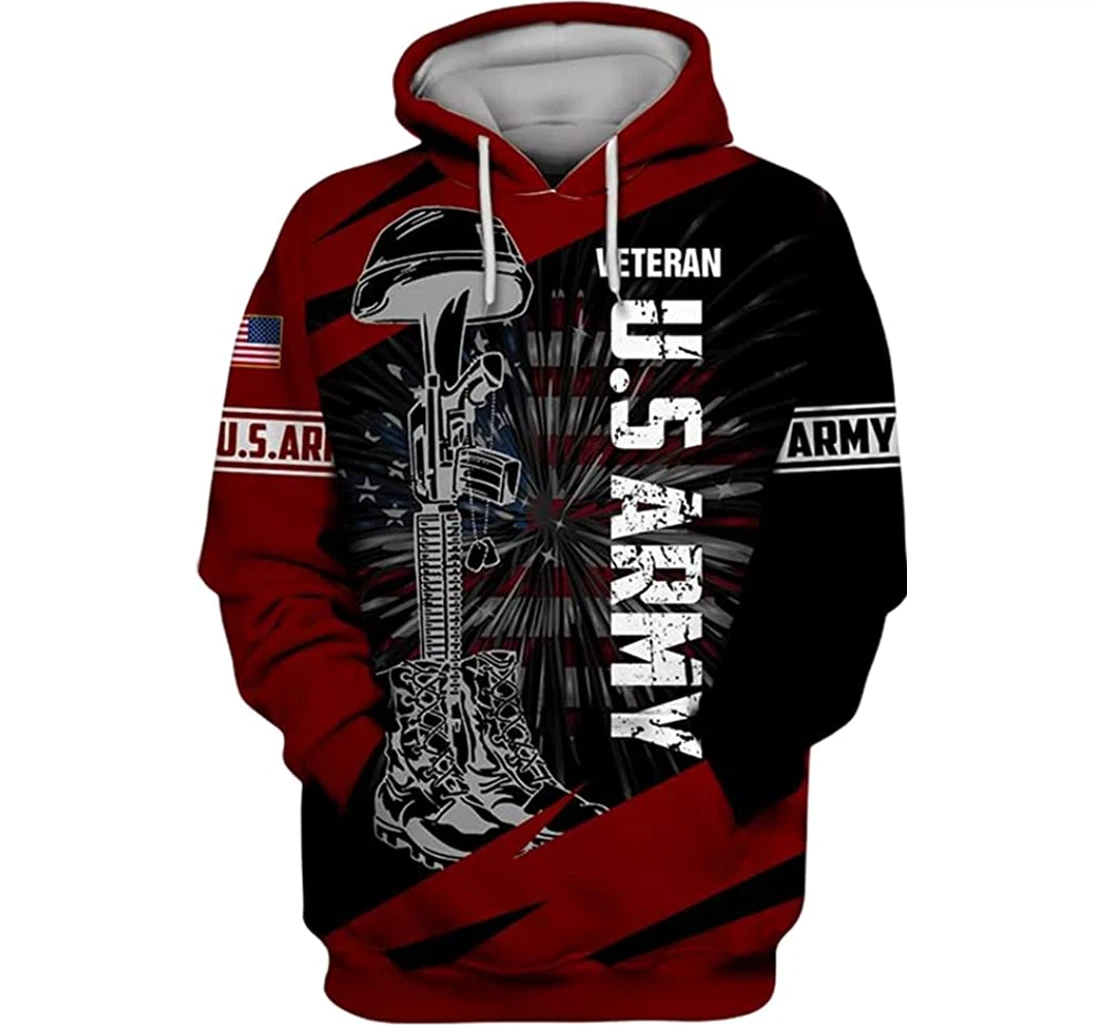 Us Army Veteran Flag Boots Soldiers Firework Red N - 3D Printed Pullover Hoodie