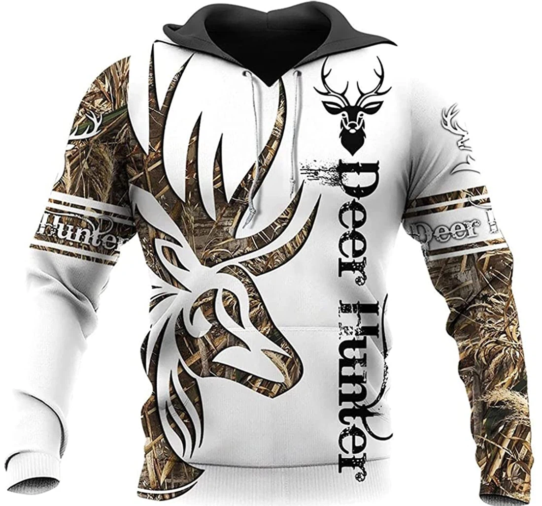 Deer Hunter With White Color Background - 3D Printed Pullover Hoodie