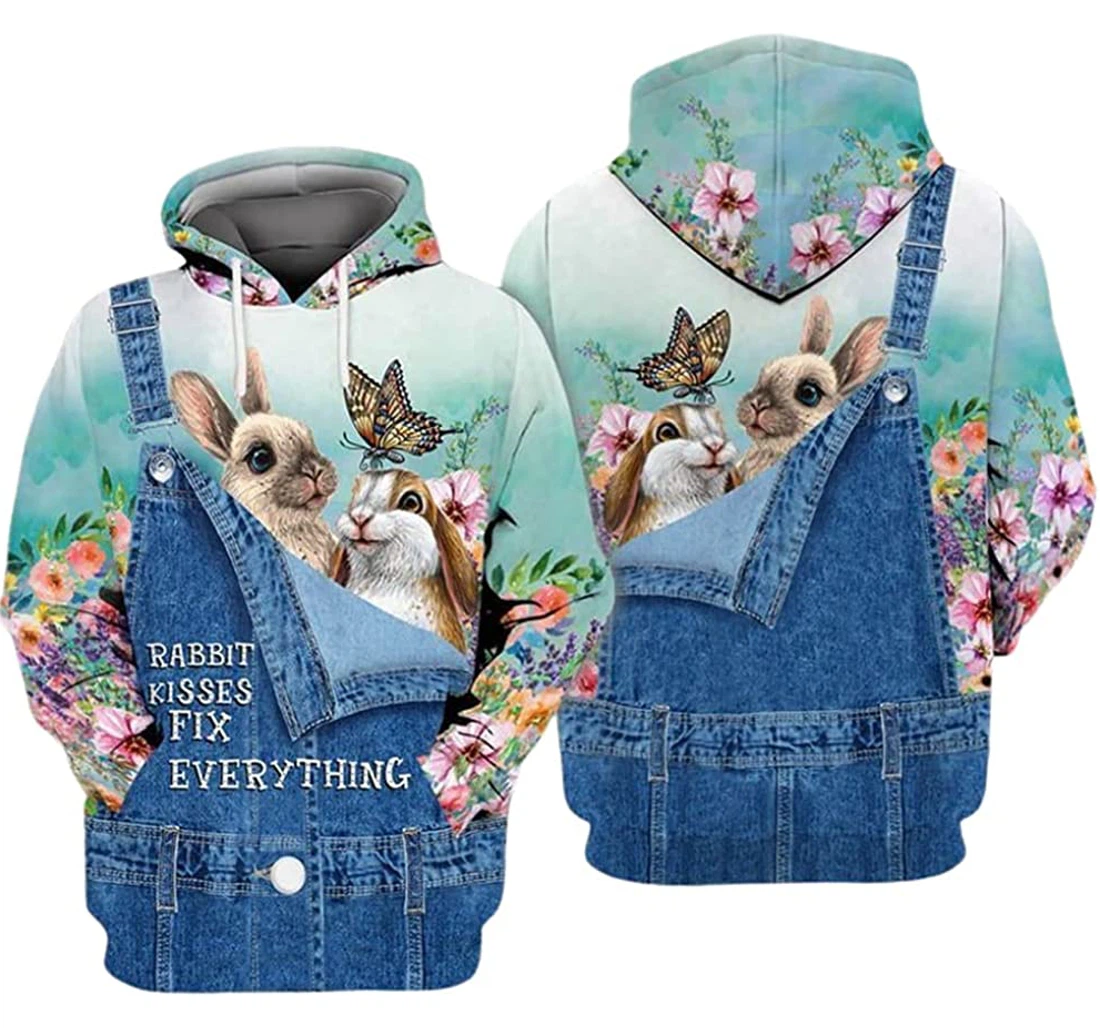 Rabbit Flower Overalls Style Rabbit Kisses Fix Everything - 3D Printed Pullover Hoodie