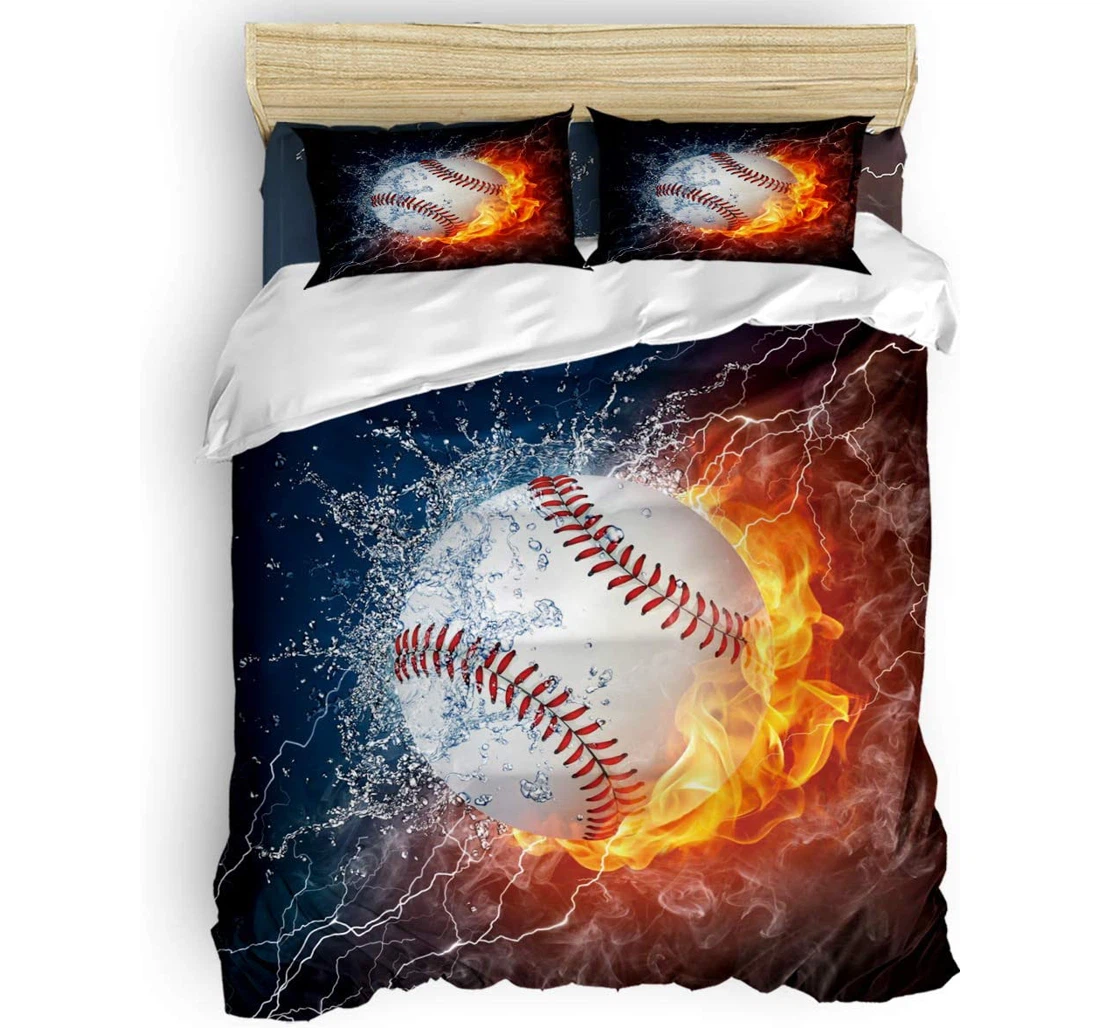 Bedding Set - Sport Burning Baseball Sheet 3d Fire Ball - Cover, Sheets, Childrens Kids Teens Adults Included 1 Ultra Soft Duvet Cover or Quilt and 2 Lightweight Breathe Pillowcases