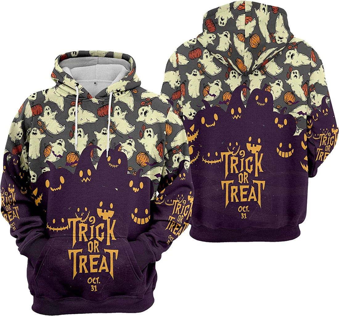 Trick Or Treat Oct Pumpkin Ghost Leaves Seamless Pattern Halloween - 3D Printed Pullover Hoodie