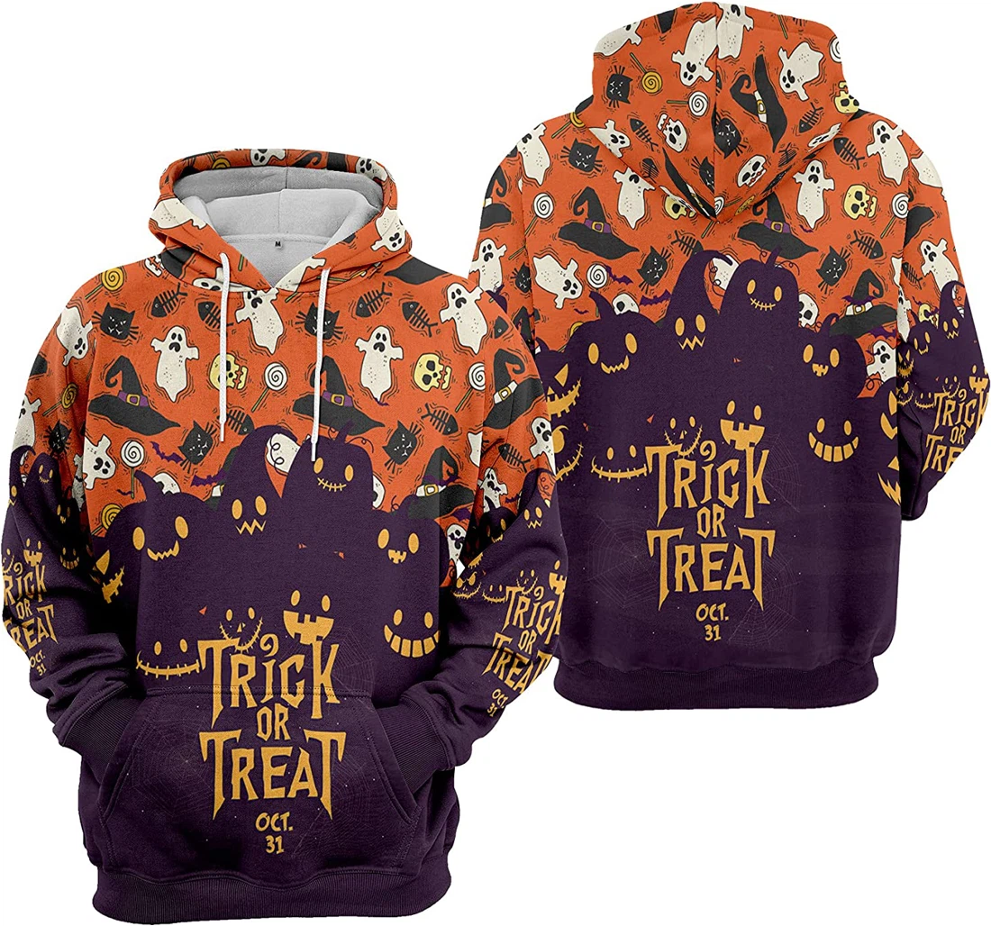 Trick Or Treat Oct Pumpkin Fish Bone Ghost Witch's Hat Seamless Pattern Halloween - 3D Printed Pullover Hoodie