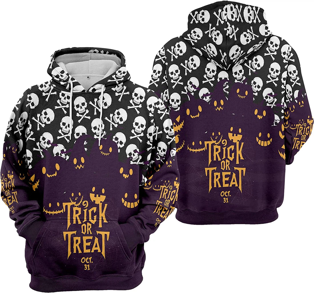 Trick Or Treat Oct Pumpkin Skull And Crossbones Seamless Pattern Halloween - 3D Printed Pullover Hoodie