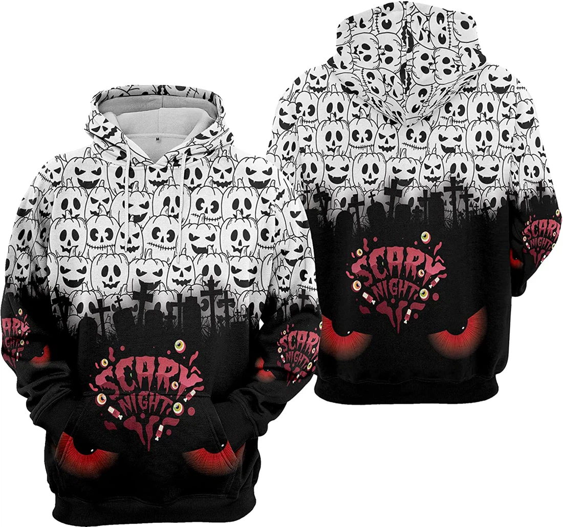 Scary Night Devil Eyes Cemetery Bat Cat Pumpkin Seamless Pattern Halloween - 3D Printed Pullover Hoodie