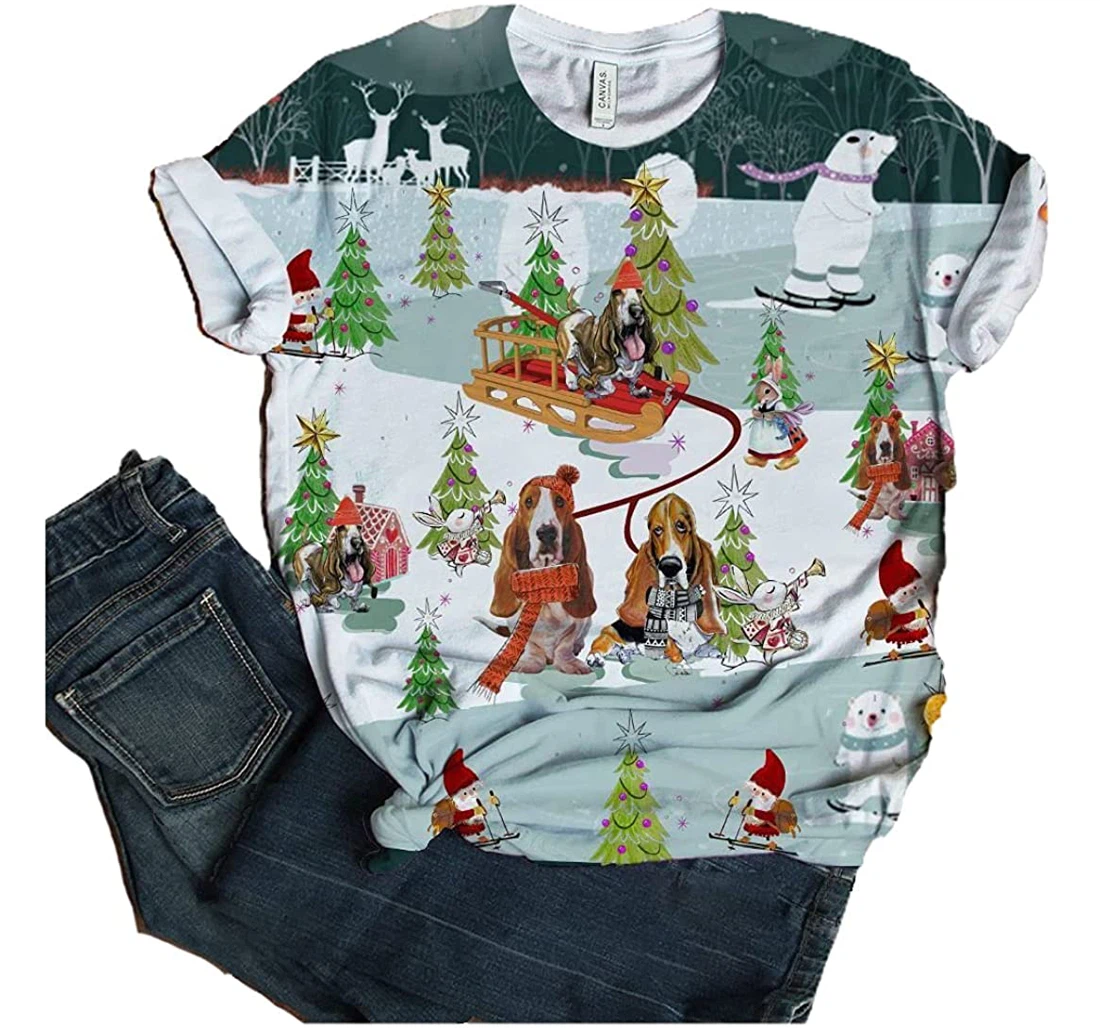 Basset Hound T-shirt Christmast Have Dog And Rabit Funny Cute Dog 3d Full All Over Print Unisex Graphic Crewneck Short Sleeve T-shirts For Women Men - 3D Printed T-shirt