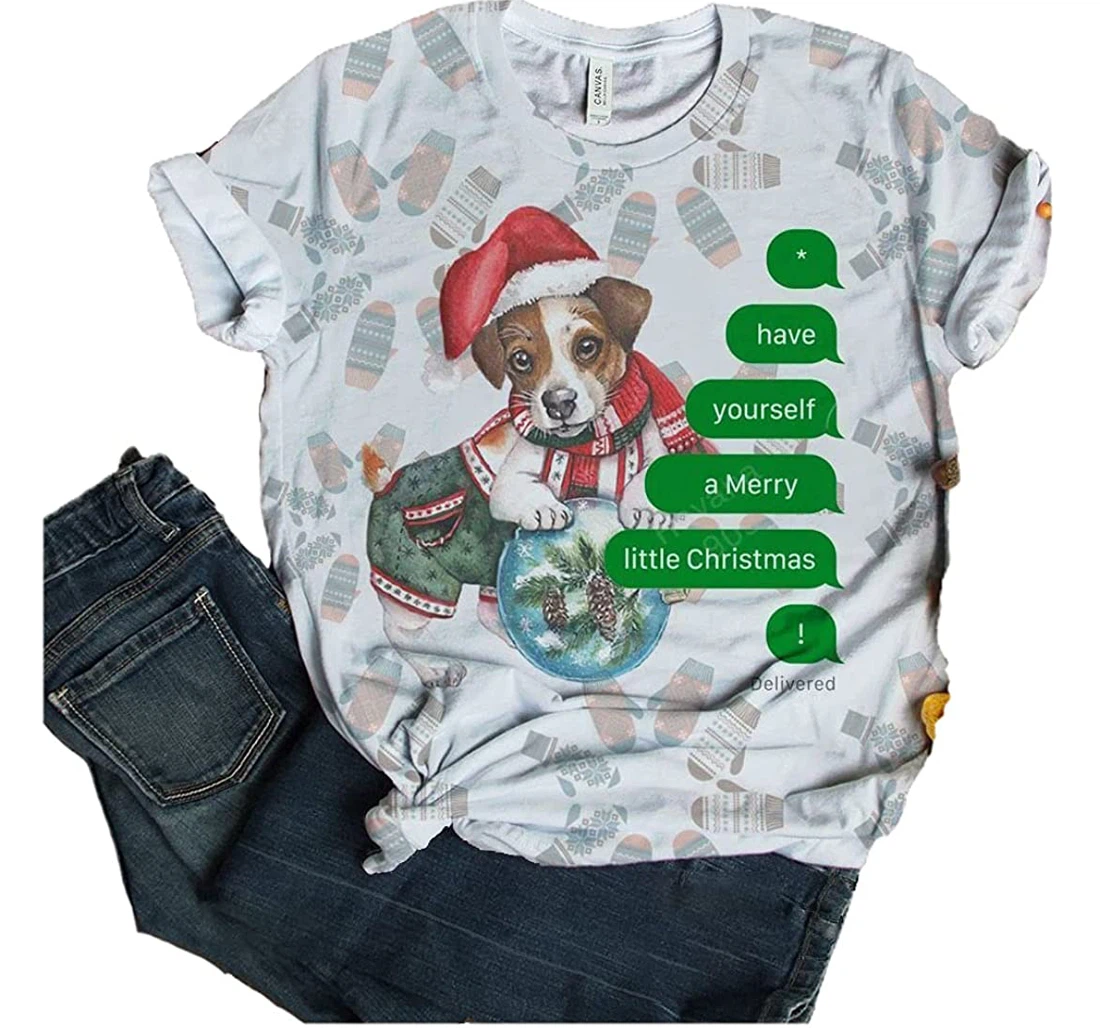 Jack Rusell Terrier T-shirt Greeting Christmas Messages Funny Cute Dog 3d Full All Over Print Unisex Graphic Crewneck Short Sleeve T-shirts For Men - 3D Printed T-shirt