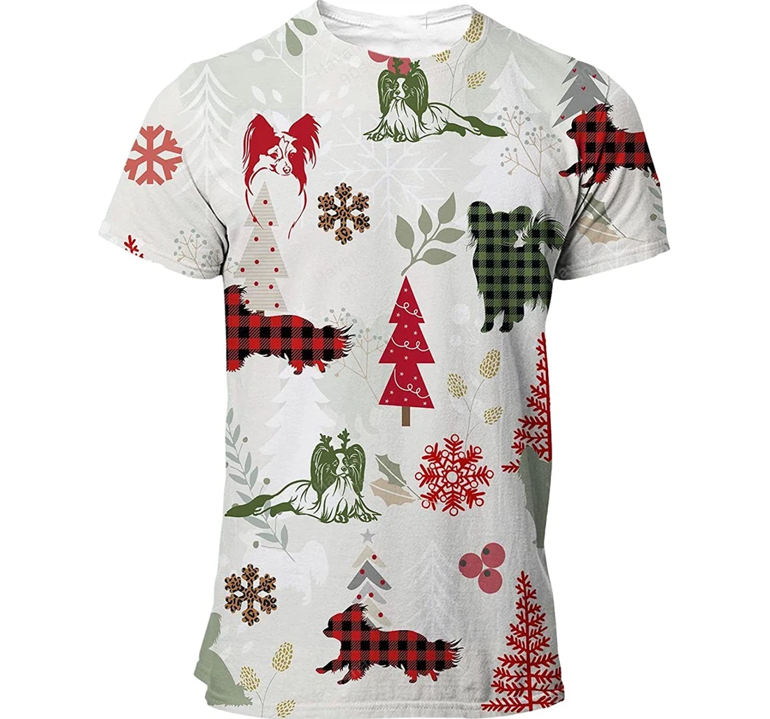 Papillon T-shirt Christmas Flannel For Men Funny Cute Dog 3d Full All Over Print Unisex Graphic Crewneck Short Sleeve T-shirts For Women Men Boys S - 3D Printed T-shirt