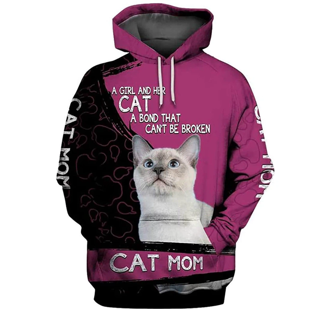 Cat Mom A Girl And Her Cat A Bond That Can't Be Broken - 3D Printed Pullover Hoodie