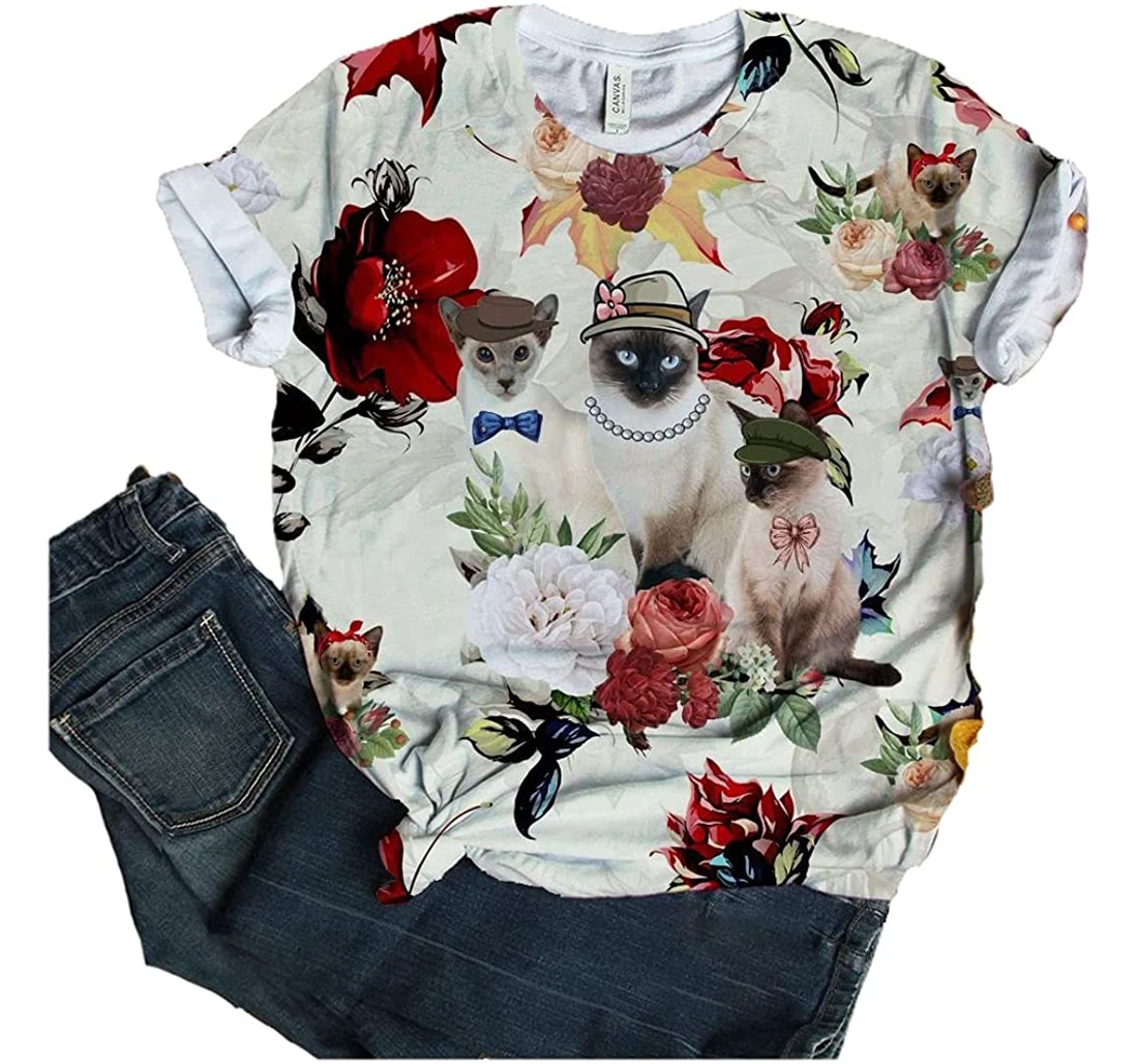 Siamese T-shirt Cat Flower Autumn 90s Funny Cute Dog 3d Full All Over Print Unisex Graphic Crewneck Short Sleeve T-shirts For Women Men Boys Girls S - 3D Printed T-shirt