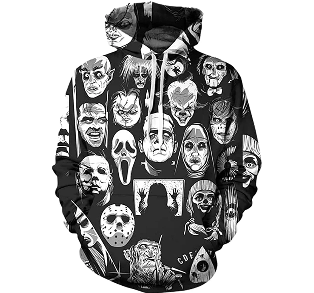 Horror Characters And White Pattern - 3D Printed Pullover Hoodie