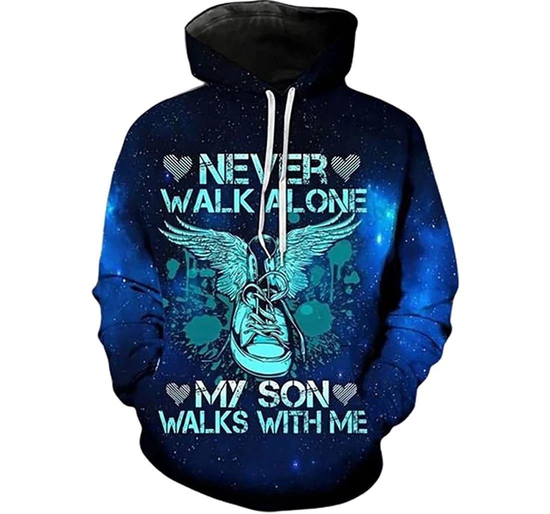 Never Walk Alone My Son Walks With Me Blue Galaxy Background - 3D Printed Pullover Hoodie