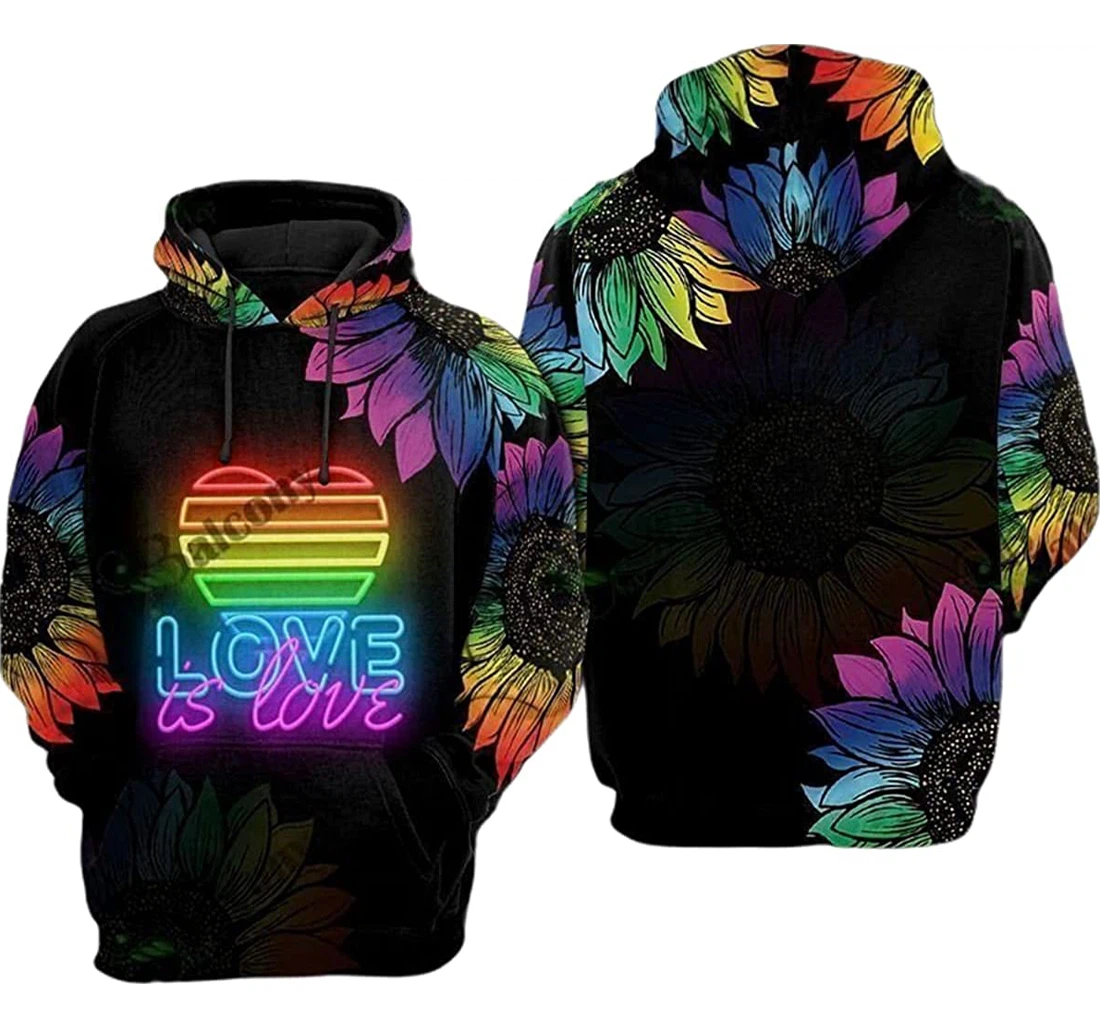 Lgbt Love Is Love Glowing Heart And Colorful Sunflower Pattern - 3D Printed Pullover Hoodie