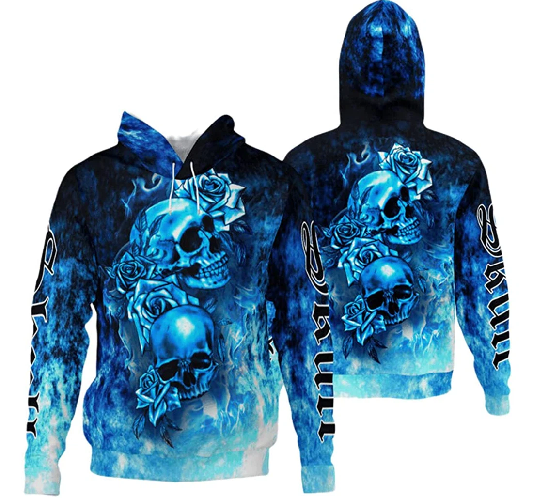 Amazing Skull And Roses Blue Fire - 3D Printed Pullover Hoodie