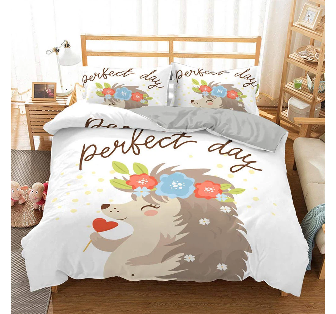 Bedding Set - White Hedgehog Included 1 Ultra Soft Duvet Cover or Quilt and 2 Lightweight Breathe Pillowcases