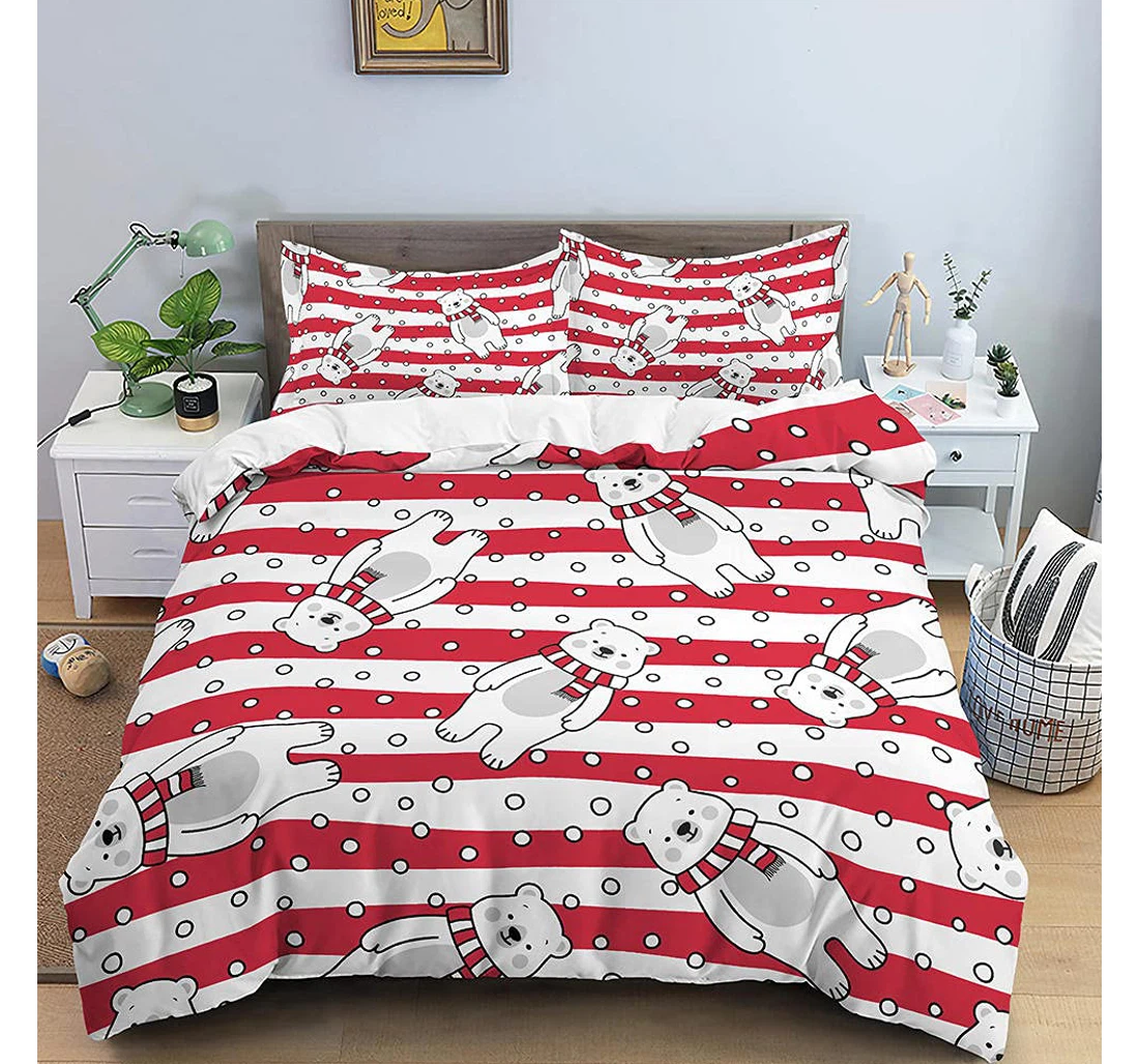 Bedding Set - Red White Striped Bear Queen, Included 1 Ultra Soft Duvet Cover or Quilt and 2 Lightweight Breathe Pillowcases