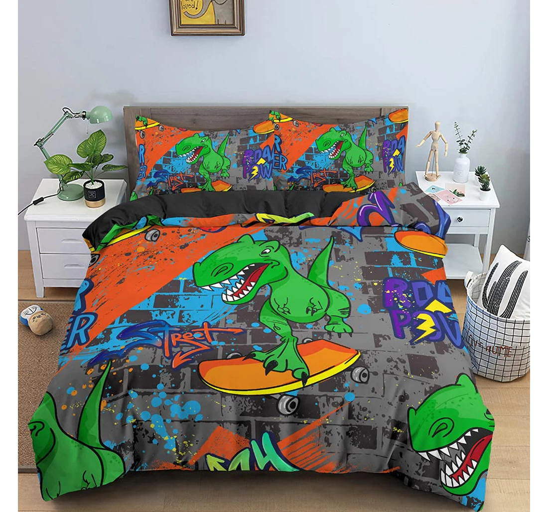 Bedding Set - Green Dinosaur Teen, Ties Included 1 Ultra Soft Duvet Cover or Quilt and 2 Lightweight Breathe Pillowcases