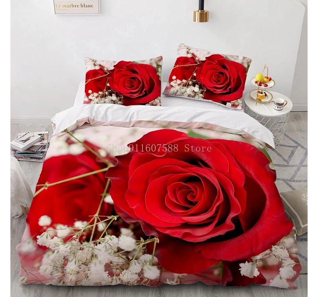 Bedding Set - Red Rose Durable Cali Included 1 Ultra Soft Duvet Cover or Quilt and 2 Lightweight Breathe Pillowcases