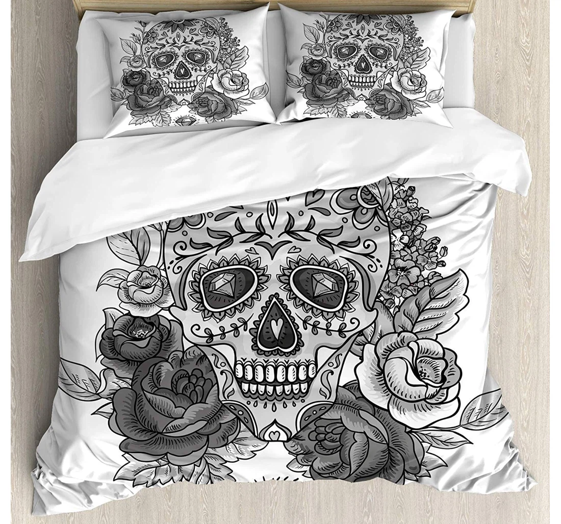 Bedding Set - Sugar Skull Monochrome Skull Roses Leaves Diamond Shape Folklore Festival Grey White Included 1 Ultra Soft Duvet Cover or Quilt and 2 Lightweight Breathe Pillowcases