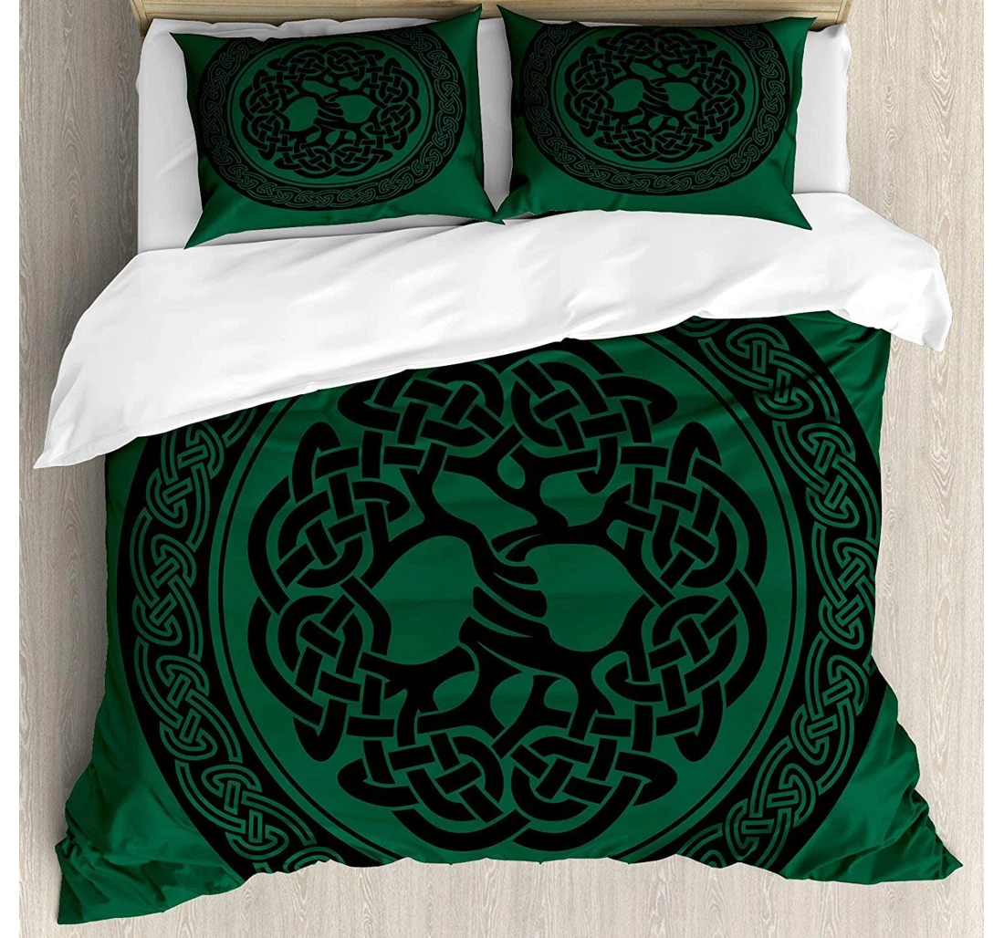 Bedding Set - Celtic Monochrome Tree Of Life Illustration Ancient Timeless European Motif, Forest Green Black Included 1 Ultra Soft Duvet Cover or Quilt and 2 Lightweight Breathe Pillowcases