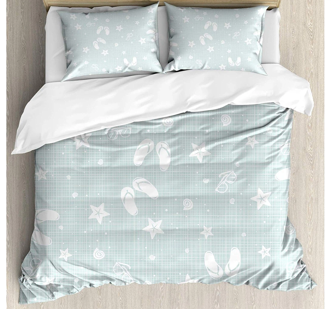 Bedding Set - Aqua Beach Theme Sea Shells Starfishes Flip Flops Glasses Summer Holiday Image, Seafoam White Included 1 Ultra Soft Duvet Cover or Quilt and 2 Lightweight Breathe Pillowcases