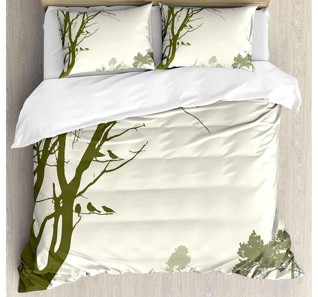 Bedding Set - Forest Nature Theme The Panorama Of A Forest Pattern Birds On Tree Branches Olive Green Cream Included 1 Ultra Soft Duvet Cover or Quilt and 2 Lightweight Breathe Pillowcases