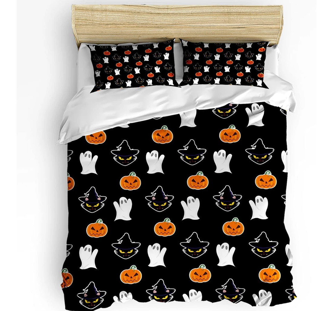 Bedding Set - Halloween Balck Cat Pumpkin Ghost Orange Included 1 Ultra Soft Duvet Cover or Quilt and 2 Lightweight Breathe Pillowcases