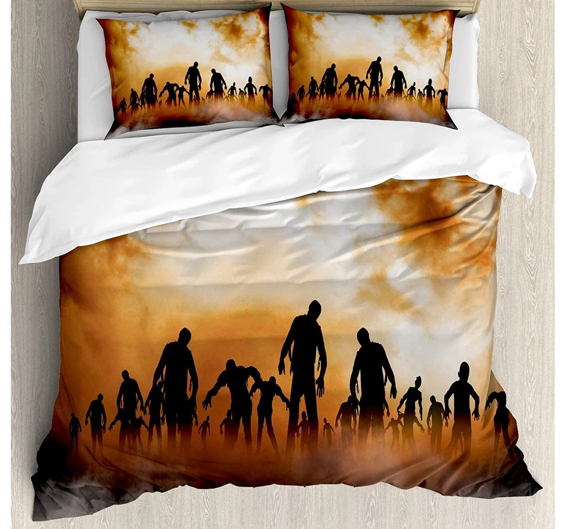 Bedding Set - Halloween Zombies Dead Men Walking Body The Doom Mist At Night Sky Haunted Theme Orange Black Included 1 Ultra Soft Duvet Cover or Quilt and 2 Lightweight Breathe Pillowcases