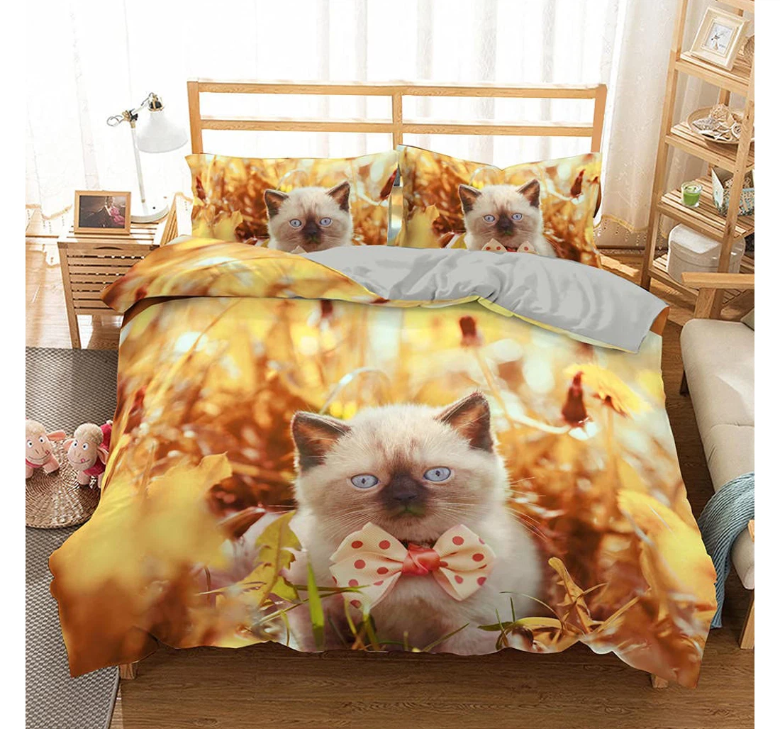 Bedding Set - Grey Cute Cat Corner Ties Included 1 Ultra Soft Duvet Cover or Quilt and 2 Lightweight Breathe Pillowcases