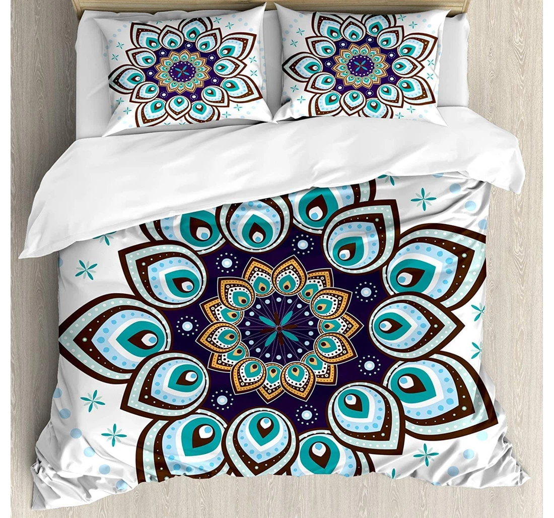 Bedding Set - Mandala Boho Lotus Flower Stylized Microcosm Motif Unique Retro Spiritual Theme, Childrenskidsadults, Purple Teal Brown Included 1 Ultra Soft Duvet Cover or Quilt and 2 Lightweight Breathe Pillowcases